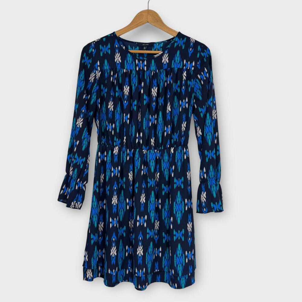 Eclair Women’s Size Small Blue Ikat Print 3/4 Sleeve Layered Casual Mini Dress